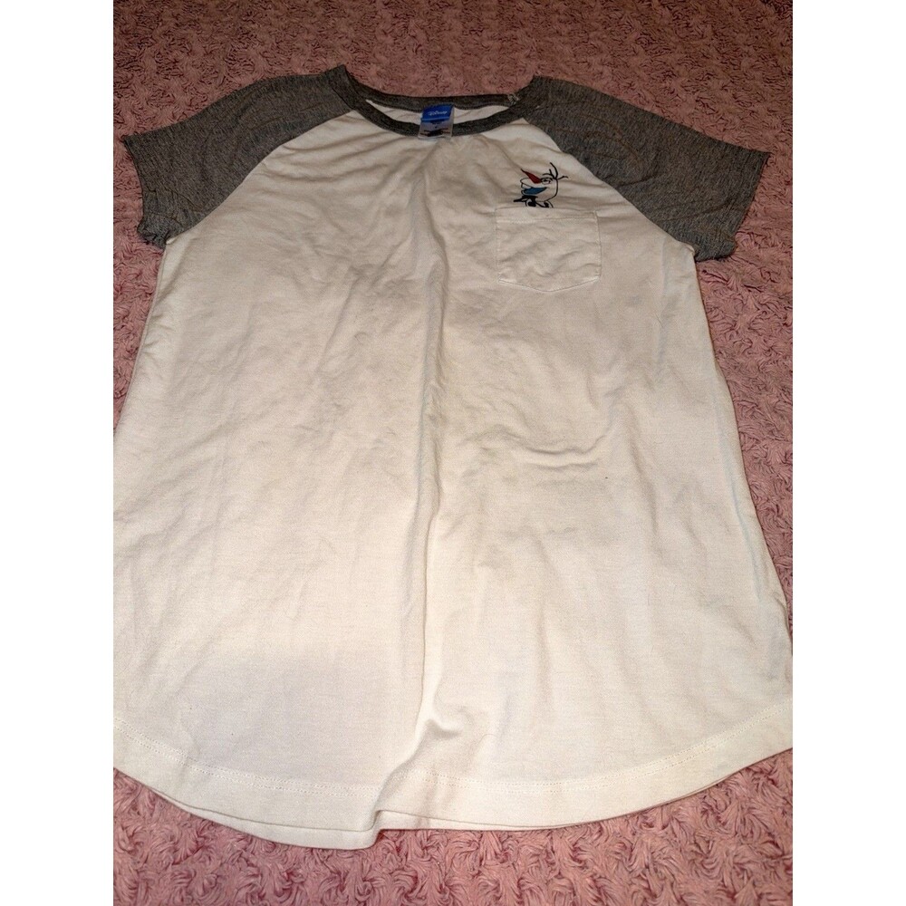 Disney Womens Size L Tee Shirt Frozen Olaf Short Sleeve Patch Pocket White Gray